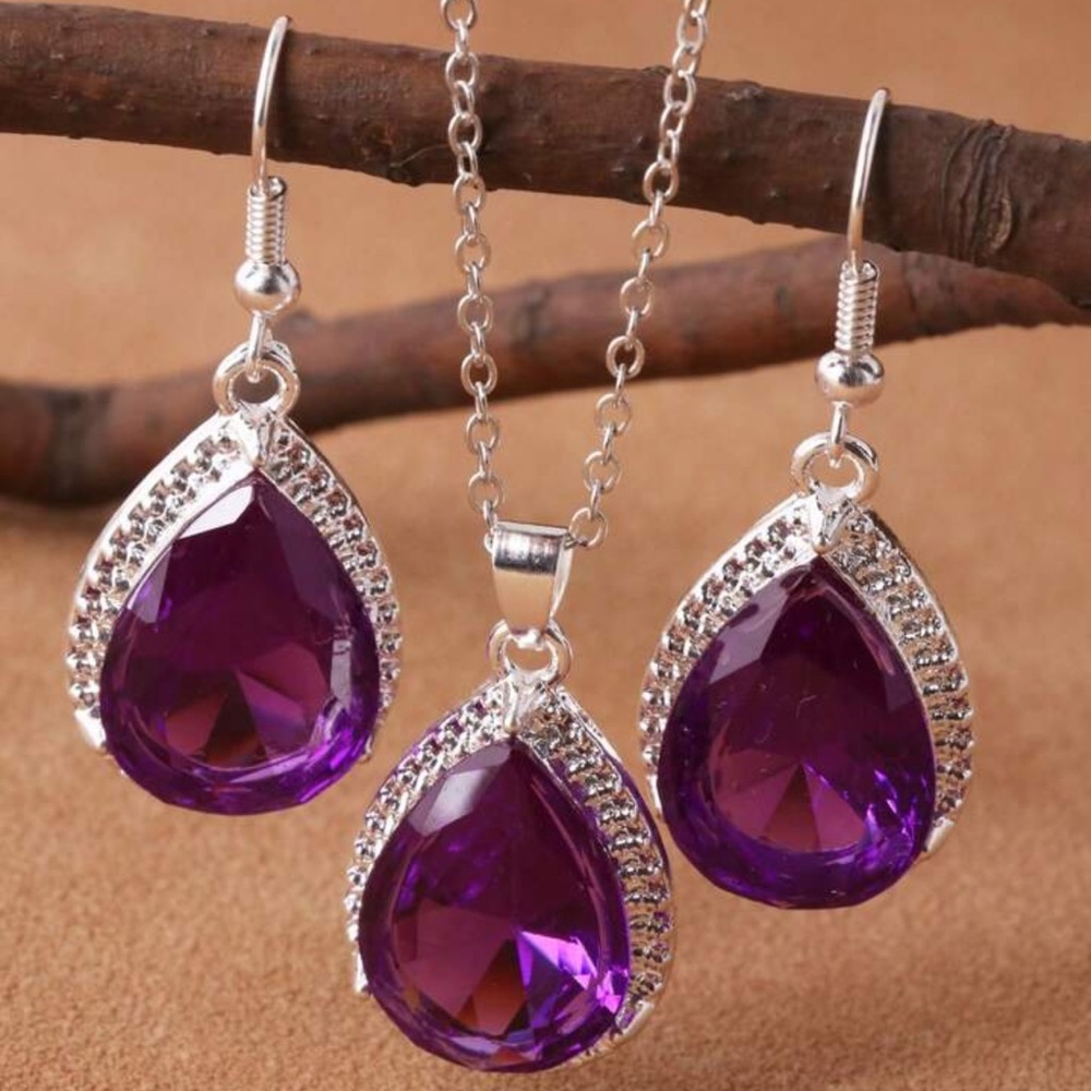 ◾️Purple Violet Water Drop Earrings Necklace Sets